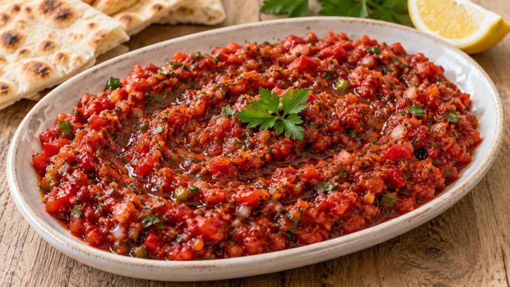Domates, biber ve maydanozla hazırlanmış nar ekşili acılı ezme