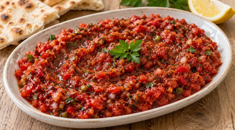 Domates, biber ve maydanozla hazırlanmış nar ekşili acılı ezme