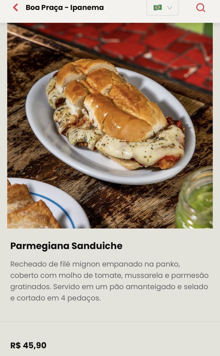 Boa Praça Ipanema menüsünde dana bonfileli Parmegiana Sanduiche görseli ve açıklaması