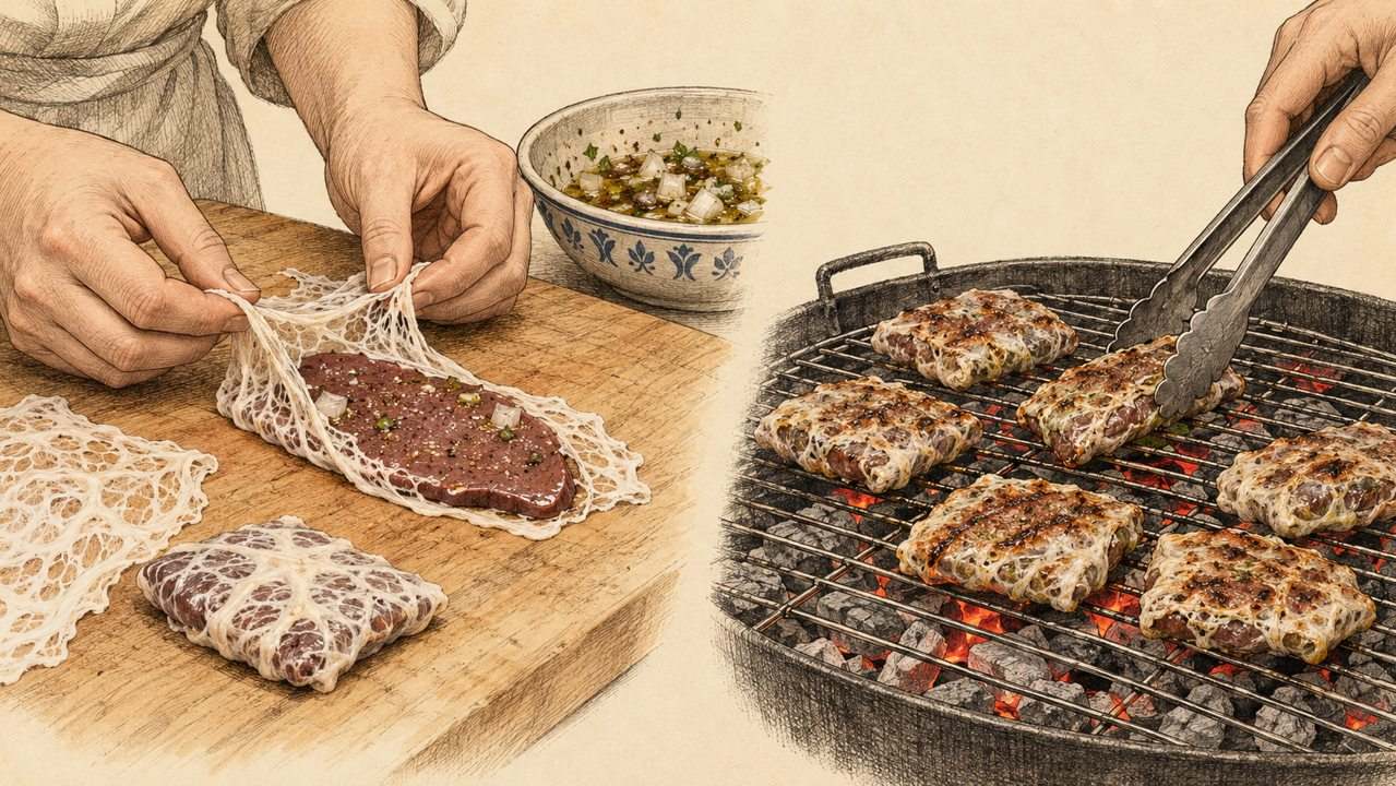 Ciğer dilimlerini ince kuzu gömleğine sarma ve köz üzerinde pişirme aşamalarının illüstrasyonu