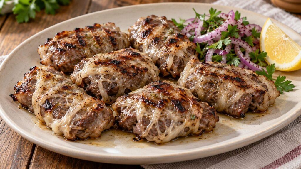 Kuzu gömleğine sarılı ızgara koyun ciğeri, soğan salatası ve limonla servis