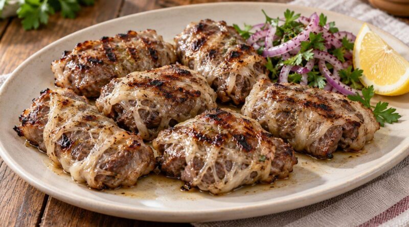Kuzu gömleğine sarılı ızgara koyun ciğeri, soğan salatası ve limonla servis