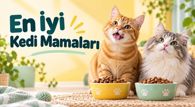 En iyi kedi mamaları: kuru mama kaselerinin yanında iki neşeli kedi
