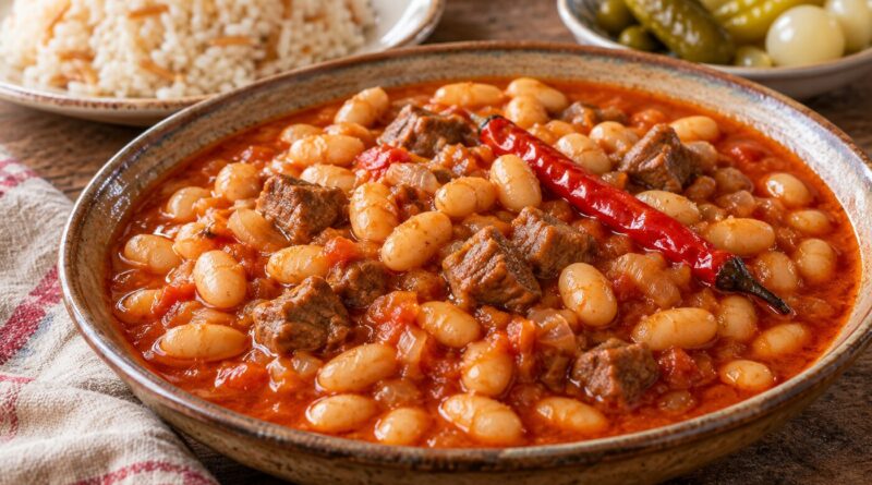 Domatesli sosuyla kuzu etli kuru fasulye, yanında pilav ve turşu