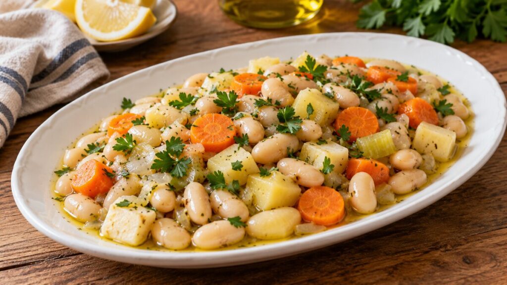 Havuç, patates, kereviz ve zeytinyağıyla hazırlanmış fasulye pilakisi
