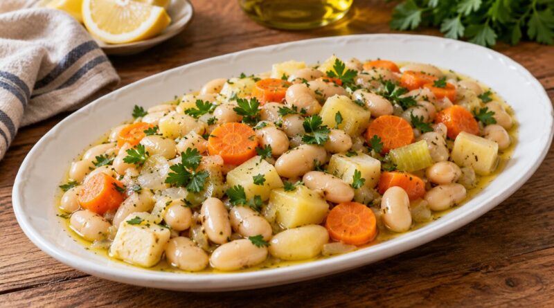 Havuç, patates, kereviz ve zeytinyağıyla hazırlanmış fasulye pilakisi