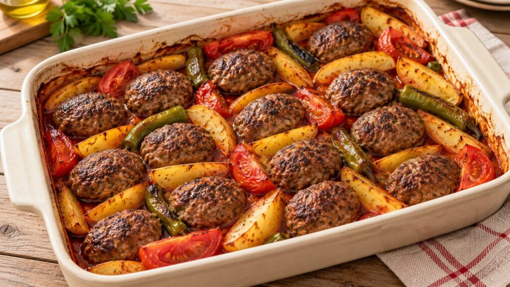 Salçalı sos içinde domates ve biberlerle fırında köfte patates
