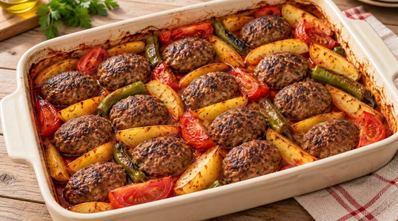 Salçalı sos içinde domates ve biberlerle fırında köfte patates