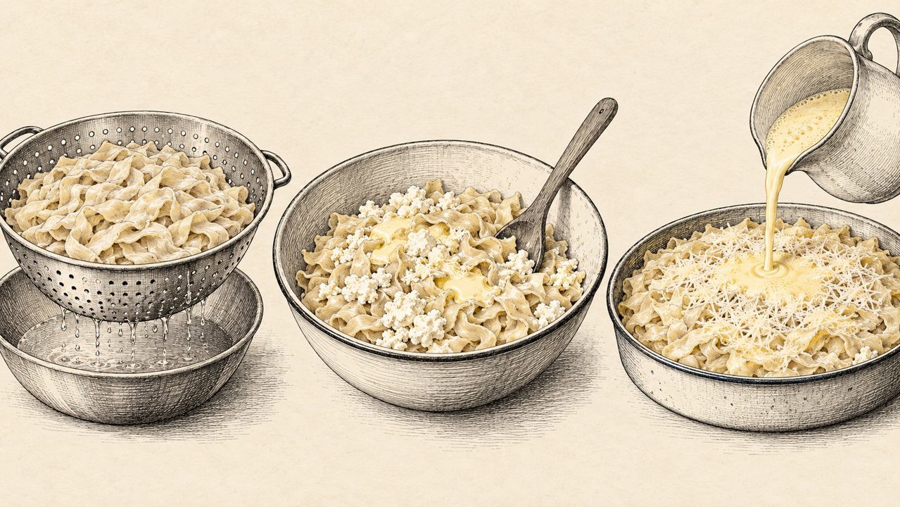 Erişteyi süzme, peynirle karıştırma ve yumurtalı süt ekleme aşamaları