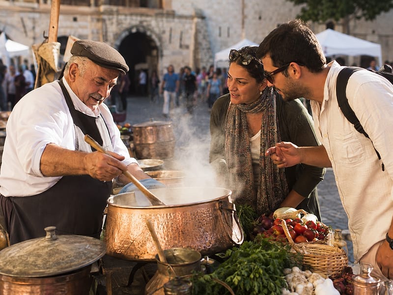 Gastronomi festivalinde geleneksel yemeği ziyaretçilere anlatan yerel usta