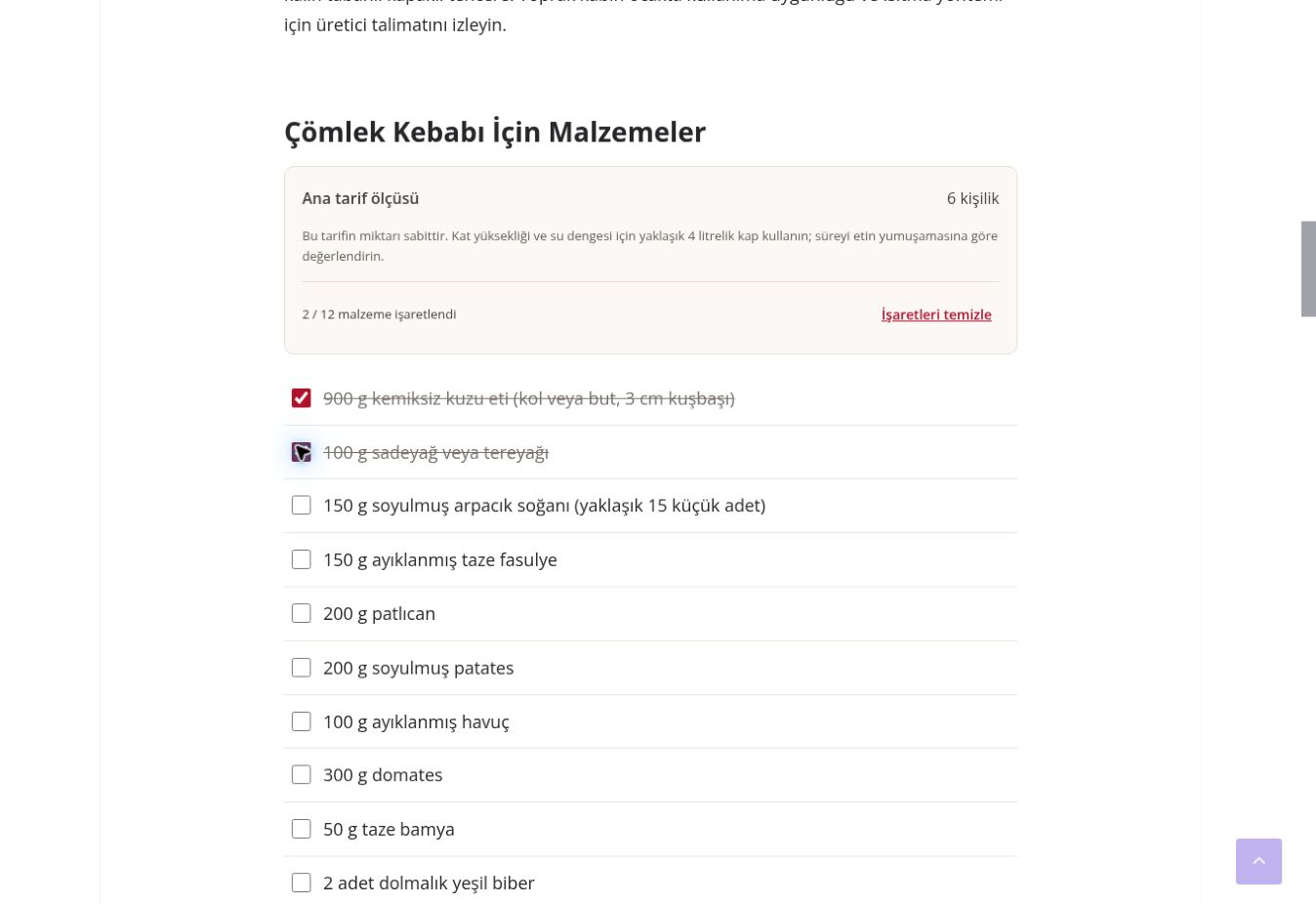Çömlek kebabı tarifinde iki malzemenin işaretlendiği malzeme listesi