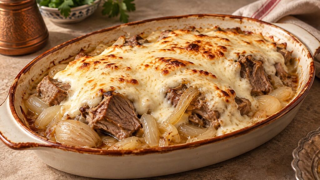 Kuzu eti ve soğan üzerine sütlü un sosu dökülerek fırınlanmış Hasanpaşa kebabı