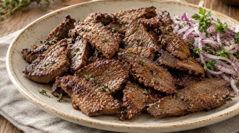 İnce un tabakasıyla kızartılmış dilim koyun ciğeri ve soğan salatası