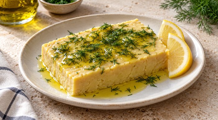 Dereotu, limon ve zeytinyağıyla servis edilen kuru bakla ezmesi fava