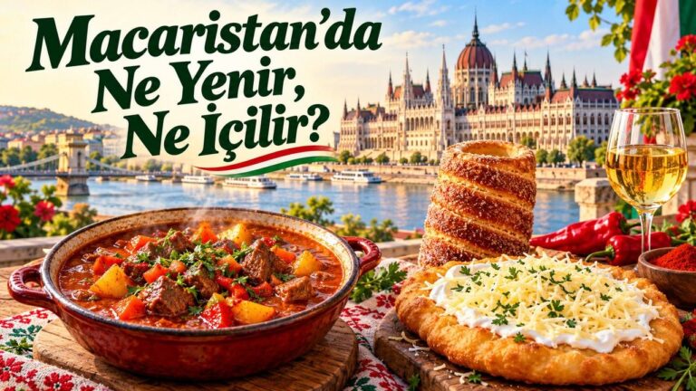 Budapeşte manzarası önünde gulaş, lángos ve chimney cake ile Macaristan yemek rehberi kapağı