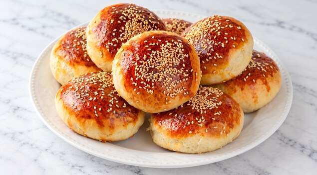 Beyaz tabakta servis edilen susamlı, puf puf mayalı poğaçalar