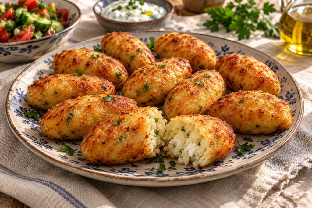 Tabakta kızarmış peynirli patates köfteleri ve yumuşak iç dokusu