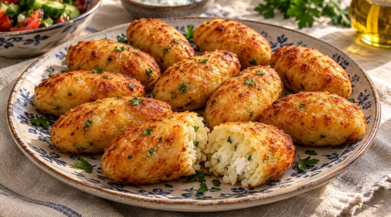 Tabakta kızarmış peynirli patates köfteleri ve yumuşak iç dokusu