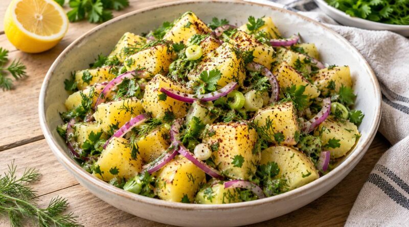 Limon, zeytinyağı ve yeşilliklerle hazırlanmış patates salatası