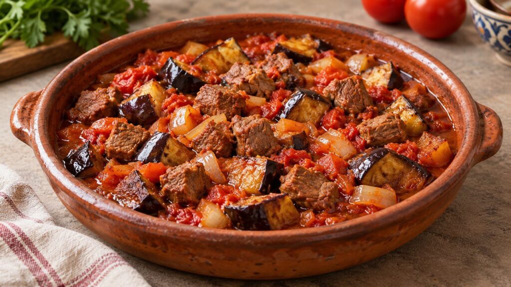 Kuzu eti, patlıcan, soğan ve domatesle hazırlanan patlıcanlı kebap