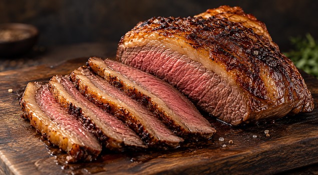 Yağ kapağı belirgin, ızgarada pişirilmiş picanha ve dilimleri