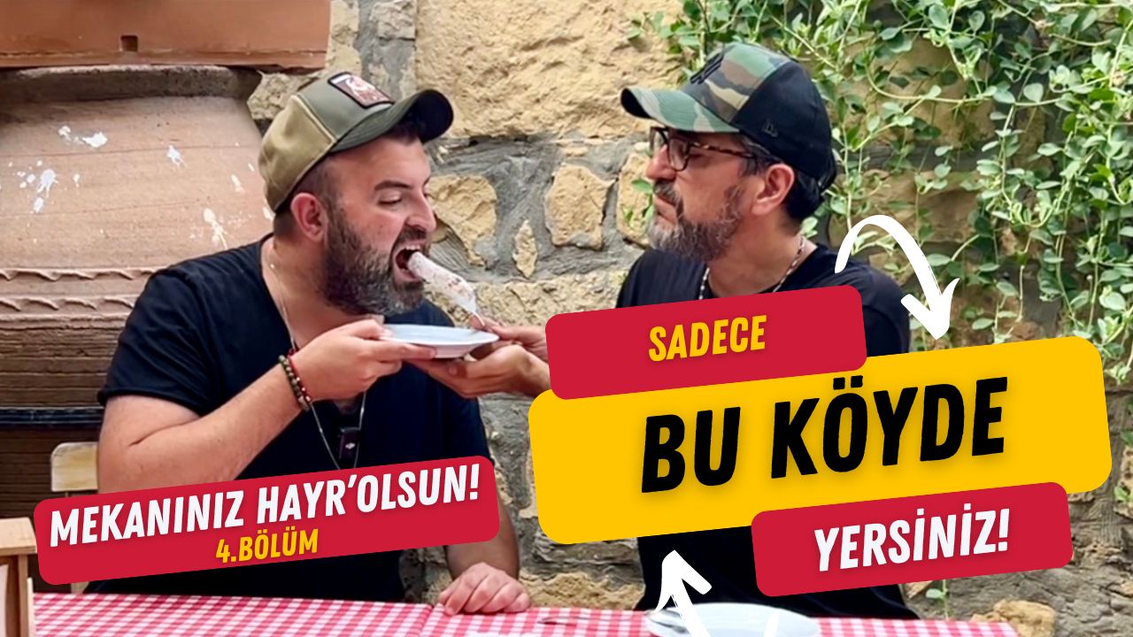 Mekanınız Hayr'Olsun! serisinin 4. bölümünden bir sahne: Yapımcı Salih Seçkin Sevinç, bir köyde yerel bir tatlıyı eğlenceli bir şekilde Eray Kılıç'a yediriyor. Üzerinde 'Sadece bu köyde yersiniz!' ve 'Mekanınız Hayr'Olsun!' ifadeleri yer alıyor.