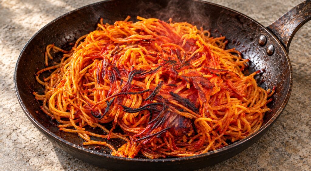 Spaghetti all’assassina tarifi: domates sosuyla tavada pişirilen kızarmış spagetti
