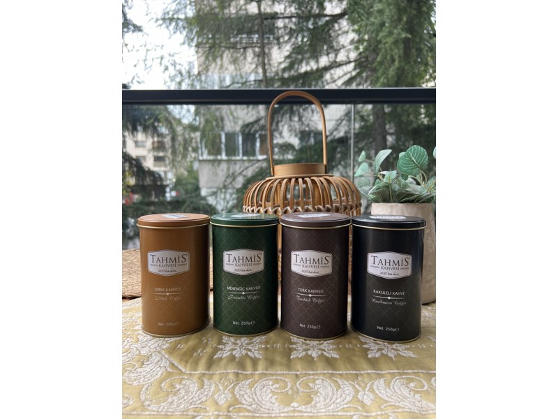 Tahmis dibek, menengiç, Türk kahvesi ve kakuleli kahve 250 gram kutuları