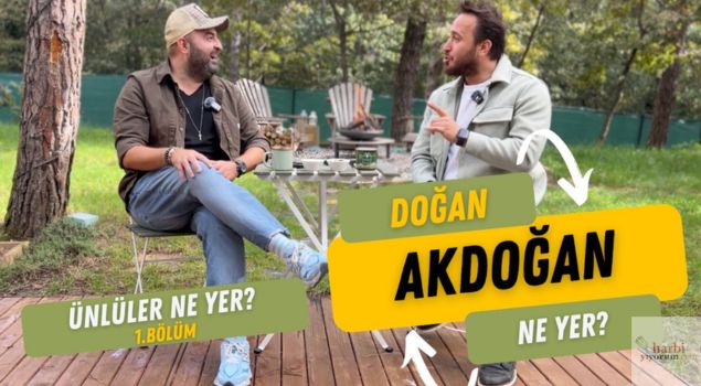 Harbiyiyorum YouTube kanalının 'Ünlüler Ne Yer?' serisinin birinci bölümü. Doğan Akdoğan, Eray Kılıç ile yemek üzerine sohbet ediyor. Açık hava ortamında, rahat bir oturma düzeninde çekilmiş röportaj.