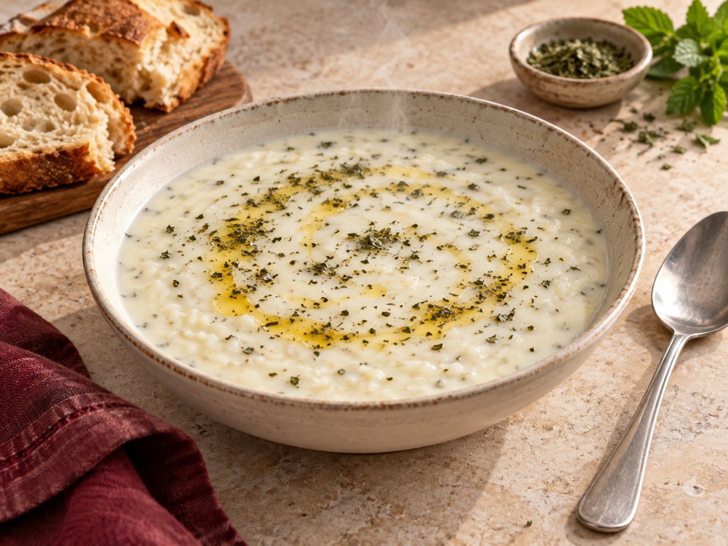 Naneli tereyağıyla servis edilen pirinçli yayla çorbası