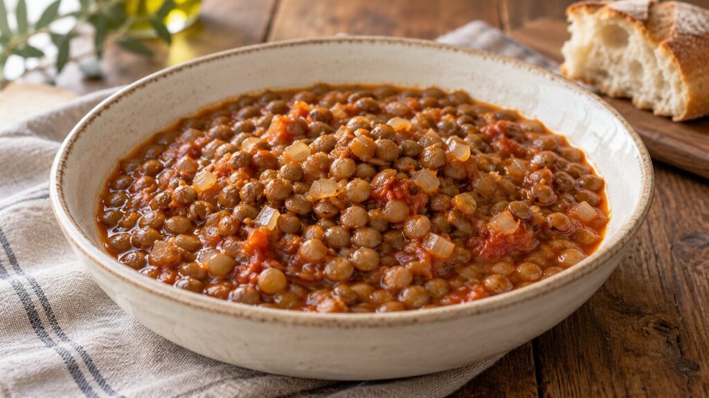 Salçalı sos içinde taneleri dağılmamış etsiz yeşil mercimek yemeği